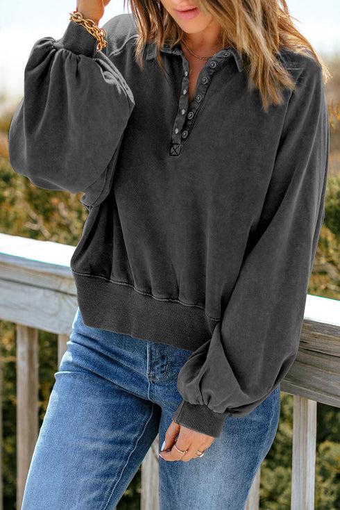 Lantern Sleeve Snap Button Placket Washed Pullover Casual Round Neck Sweatshirt